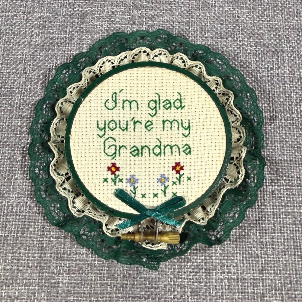 VTG Handmade Cross Stitch Grandma Wall Art 5" Green Lace Floral Cottagecore